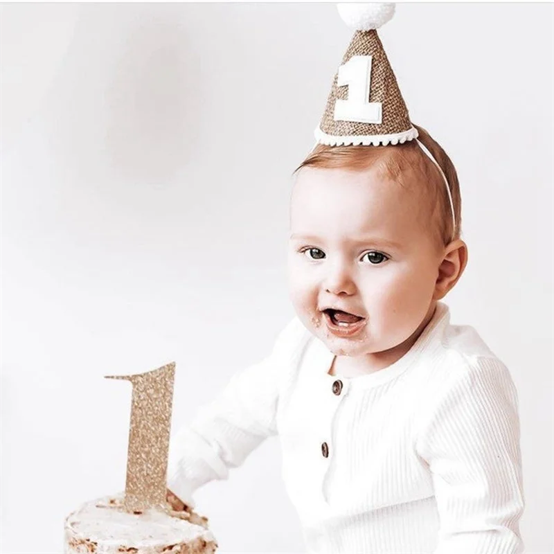Sombrero de corona de arpillera para fiesta de cumpleaños de bebé, diadema  de lino para niño y niña, gorro de aniversario para adulto, 1/2, 1, 2, 3, 4,  5, 6, 7, 8, 9 años, 100