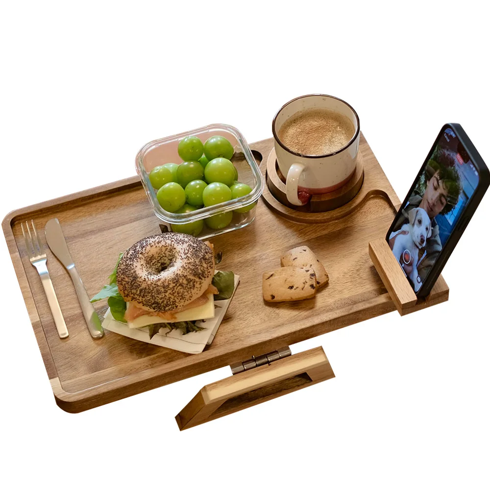 Handmade Rustic Acacia Wood Sofa Armrest Tray Lacquer Finish Multipurpose Coffee Cup Holder Couch Organizer Living Room Decor