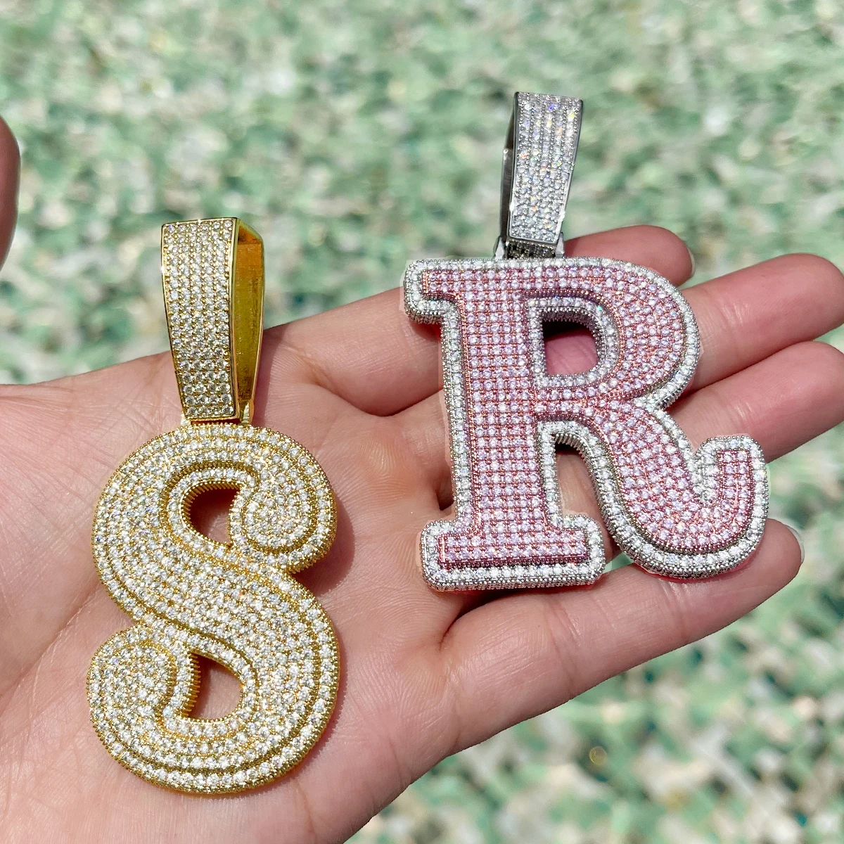 Big Size Two Tones Initial Necklace Brass 18K Gold Plated 5A CZ A-Z Letter  Pendant Iced Out Alphabet Pendant Hip Hop Jewelry