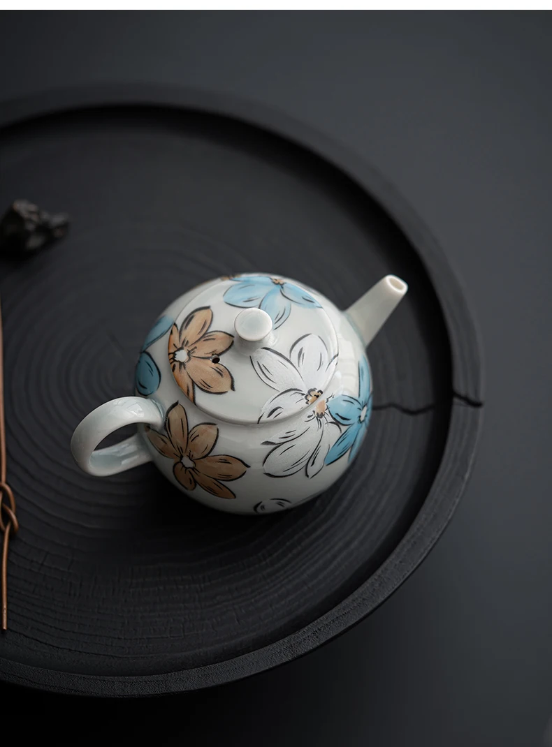 Japanese-Style Single Pot Kung Fu Teapot Ice Ash Cherry Blossom Ceramic Tea Infuser with Hand Handle Porcelain Material