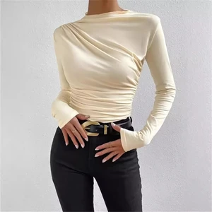 Wholesale European American Women's Casual Style Solid Color Slim Fit Versatile Pleated Design Long Sleeved T-Shirt Top