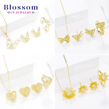 Blossom CS Jewelry Quality Fashion 18k Gold Plated Pendant Necklace Set 925 Sterling Silver Zirconia Women Fashion Jewelry Sets