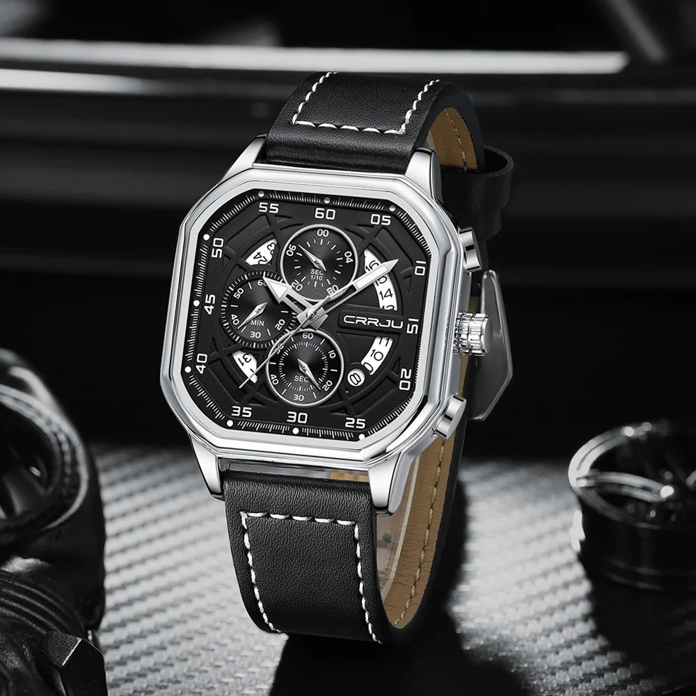 CRRJU Factory 2314  Customized logo Quartz Watch for Men  Chronograph Alloy case  Square Wristwatch Waterproof Watch