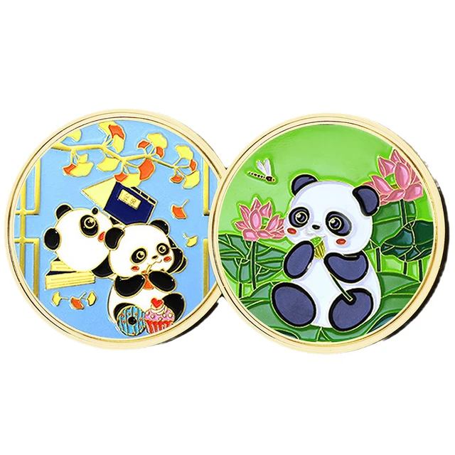 Chinese Panda Commemorative Coin 3D Relief Metal Pin/Medal Gold & Silver Plating Stamping & UV Printing Technique Souvenir Use