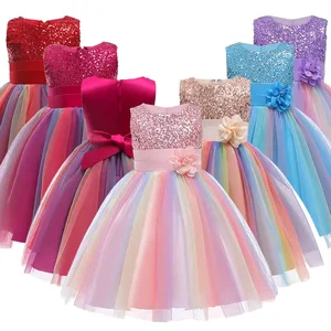 Customizable Summer New Arrival Rainbow Sequined Tulle Girls Dress Sleeveless Flower Girls Dress Ball Gown for Kids