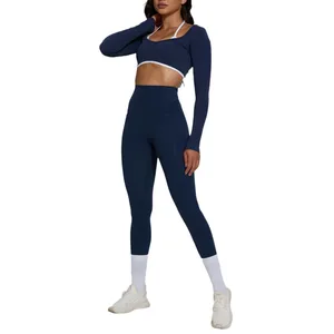 Long Sleeve Yoga Set Women Sports Wear Set Scrunch Butt Leggings Set Women Workout 2 Pieces Gym Suit