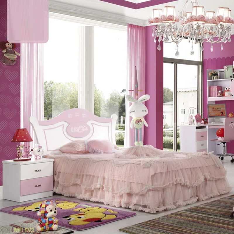 Modern Pink Princess Bed Kids Furniture Bedroom Set With Wardrobe And Study Table Wood New Style Kids Bedroom Girls Bedroom Sets