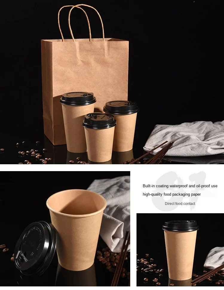 100% Food Grade Kraft Paper Coffer Cup Disposable Single Wall Paper Cup With PS Lid for Tea Hot Drinks manufacture