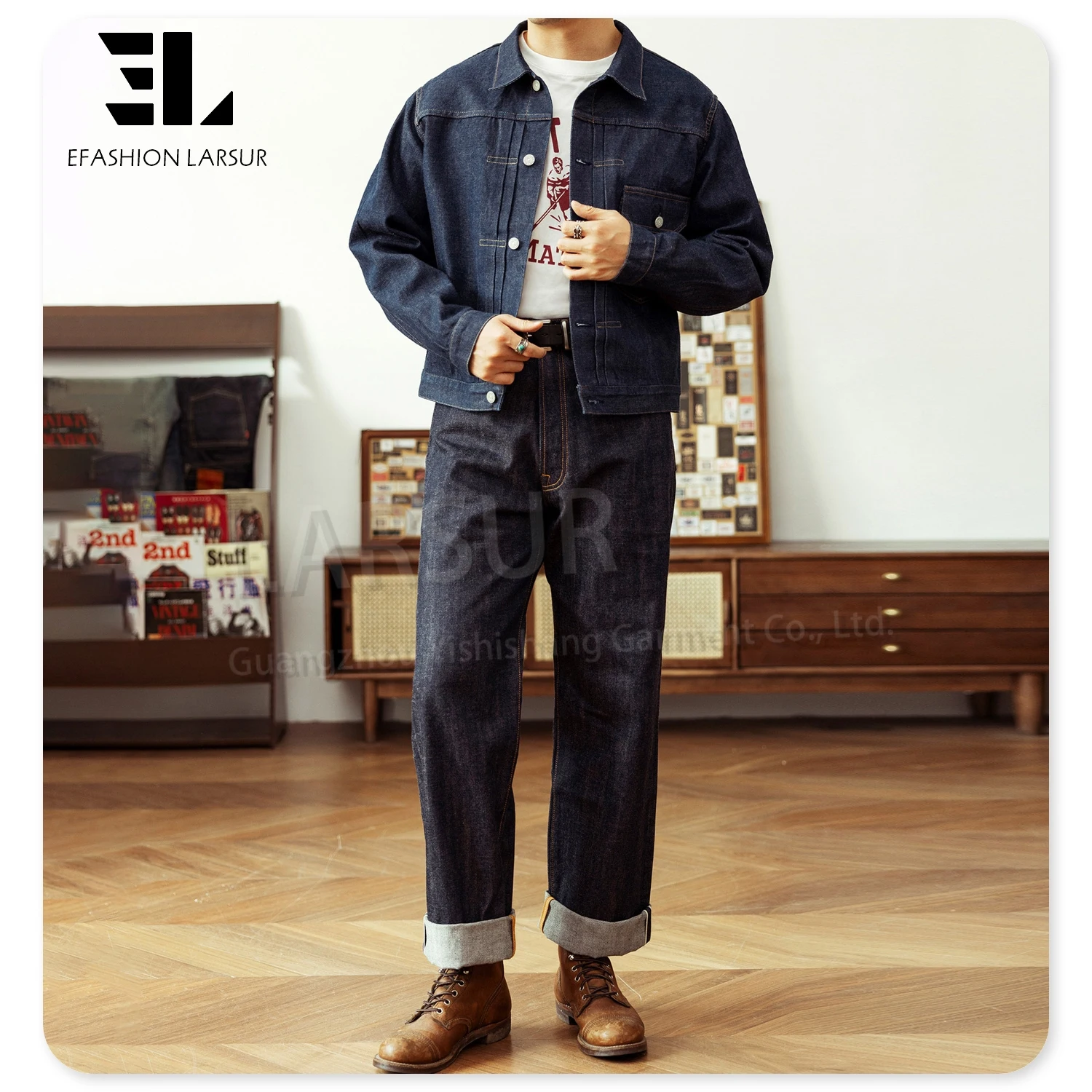 LARSUR Custom Denim Factory Heavy Raw Selvedge Denim Jacket With Buckle 11-15 oz Japanese Style Red Selvedges Jeans Jacket Men
