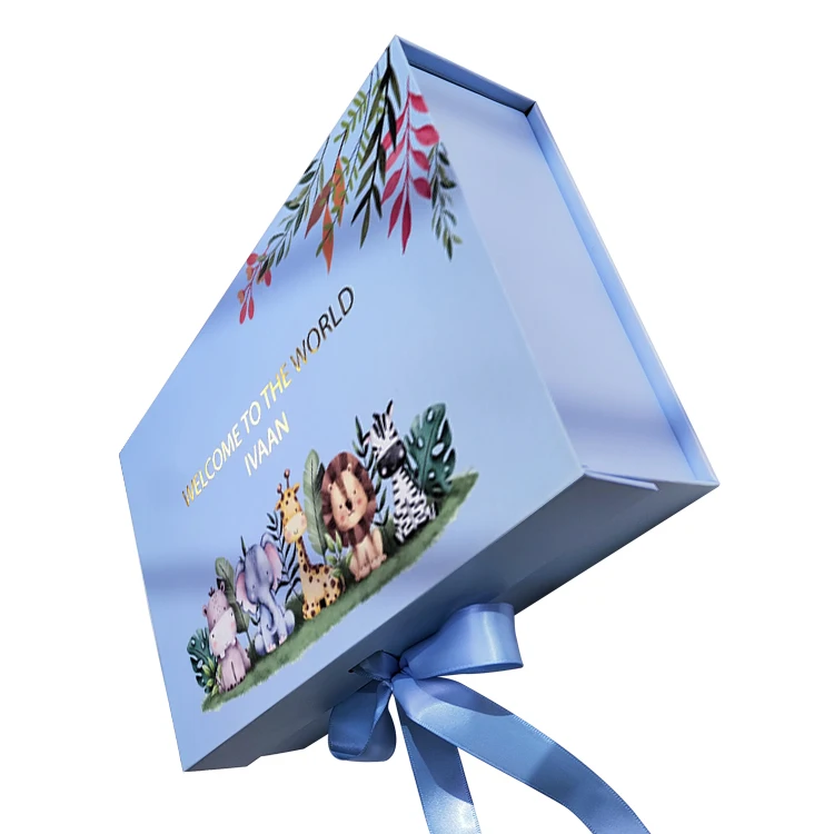 Animal Print Baby Box Gift Set Packaging Sweet Ribbon Design Embossed Carton