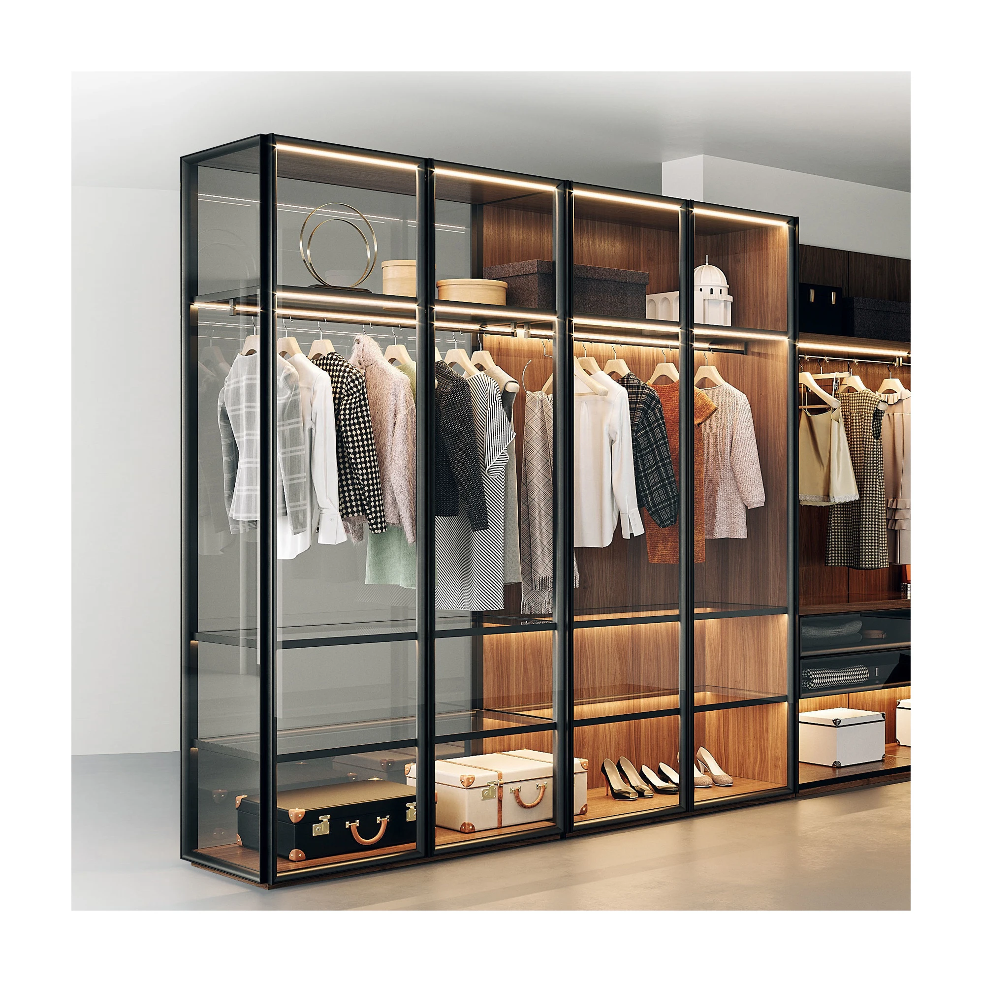 Wardrobe with Side Display Book Shelves Designs Aluminium Clear Glass Custom Modern Bedroom Furniture Walk in Closet Furniture