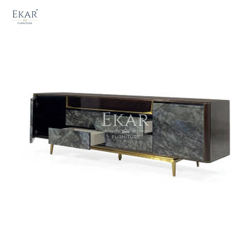 Modern Blue Emerald Marble TV Stand Reclining Wood Panel Set for Living Rooms Villas Apartments Schools