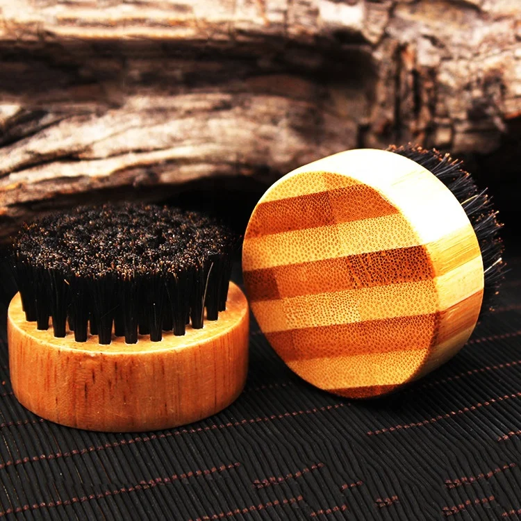 Factory wholesale rubber wood material round shape pure boar bristle mini beard cleaning brush boar bristle