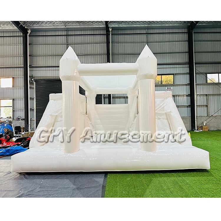 Hot sale shiny white jumping castle commercial inflatable bouncer bounce house with double slide