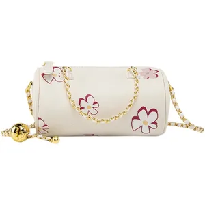 Women's PU Leather Canvas Bucket Bag Metal Chain Fashionable Floral Zipper Popular for Winter Spring Summer Shoulder Carry