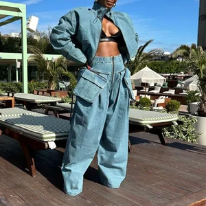 Bettergirl Winter Hotselling Cargo Vintage Cropped Oversized Jacket Wide Leg Pants Two Pieces Sets Women Denim Set