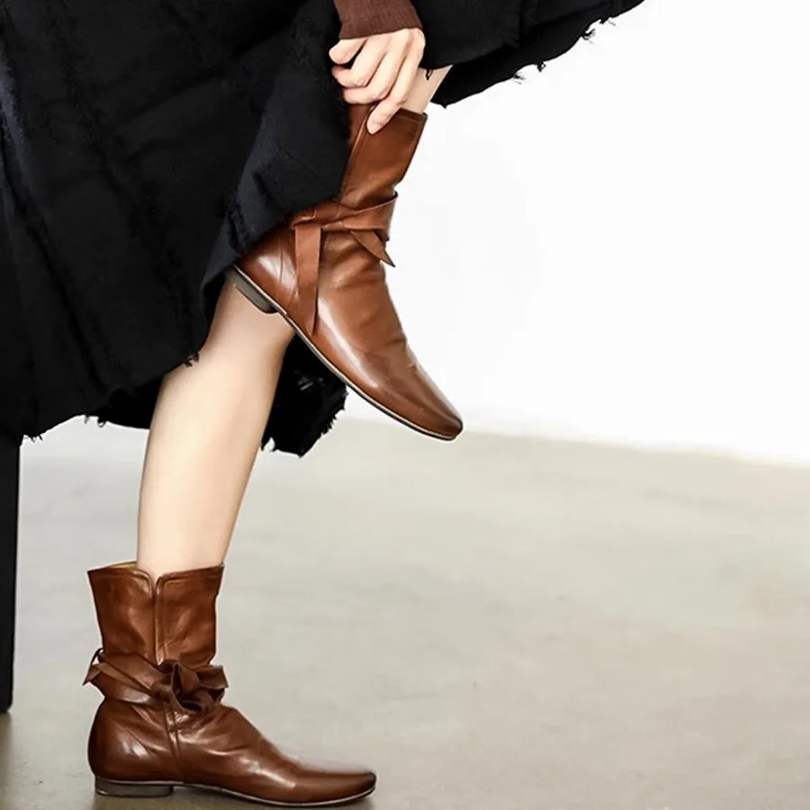 Genuine Leather Women Western Pleated Pile Boot Round Toe Low Heel British Chelsea Ankle Flat Boots For Ladies - Image 3