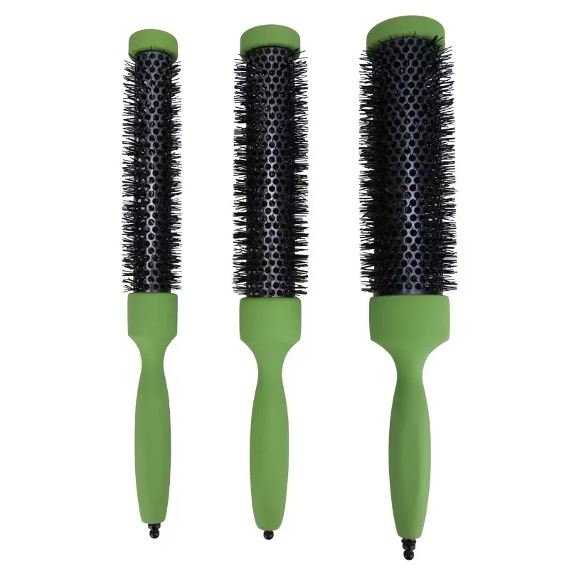 Green Salon Ceramic Round Brush Heat Resistant Nylon Wooden Handle