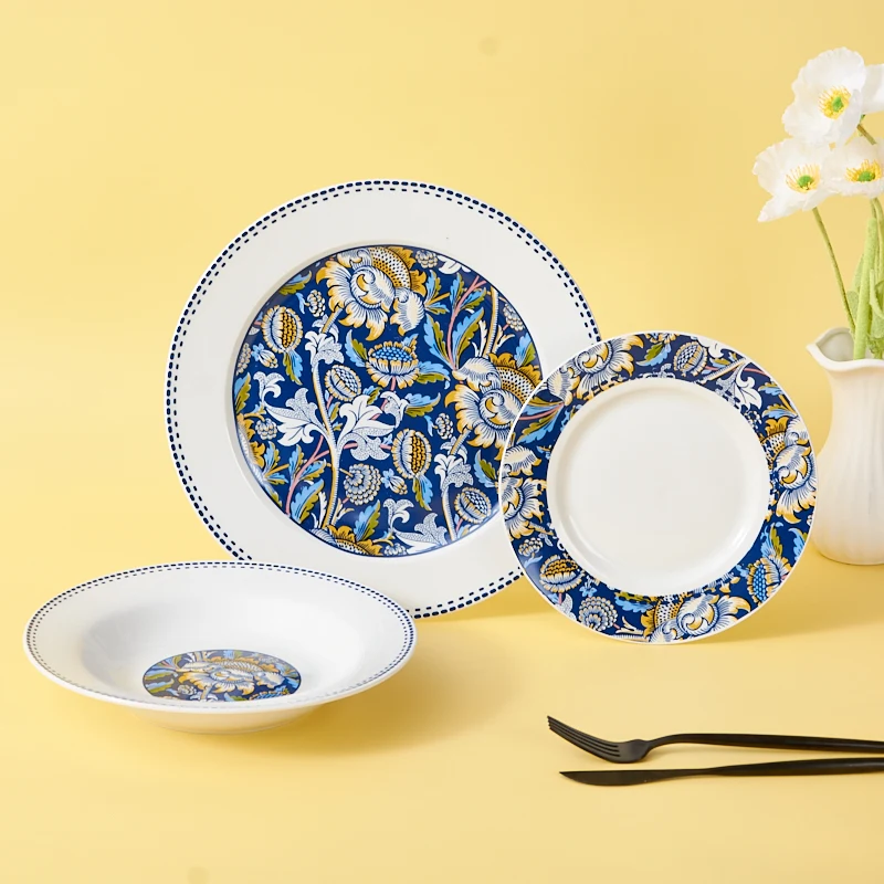 Newly Designed Ceramic Tableware with Green Floral Dinner Plate Patterns Dinnerware Sets for Daily Use