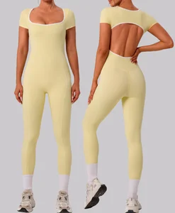 Custom Workout Bodysuit Women Sportswear Gym Activewear Back Hollow Out Sexy One Piece Yellow Yoga Jumpsuit