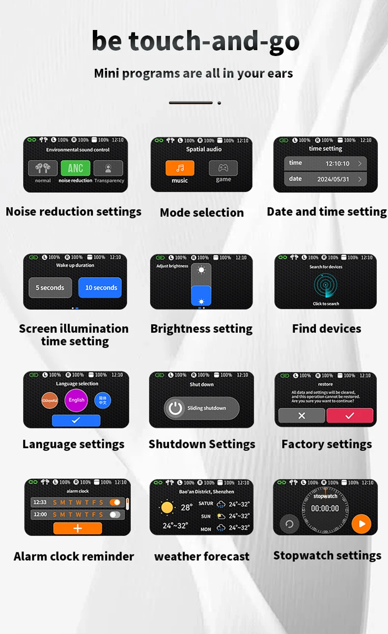 Upgrade A9 Pro APP Colorful Touch Screen Bluetooth ANC ENC GPS Active Noise Cancellation TWS Ultra Long Battery Life Earbuds