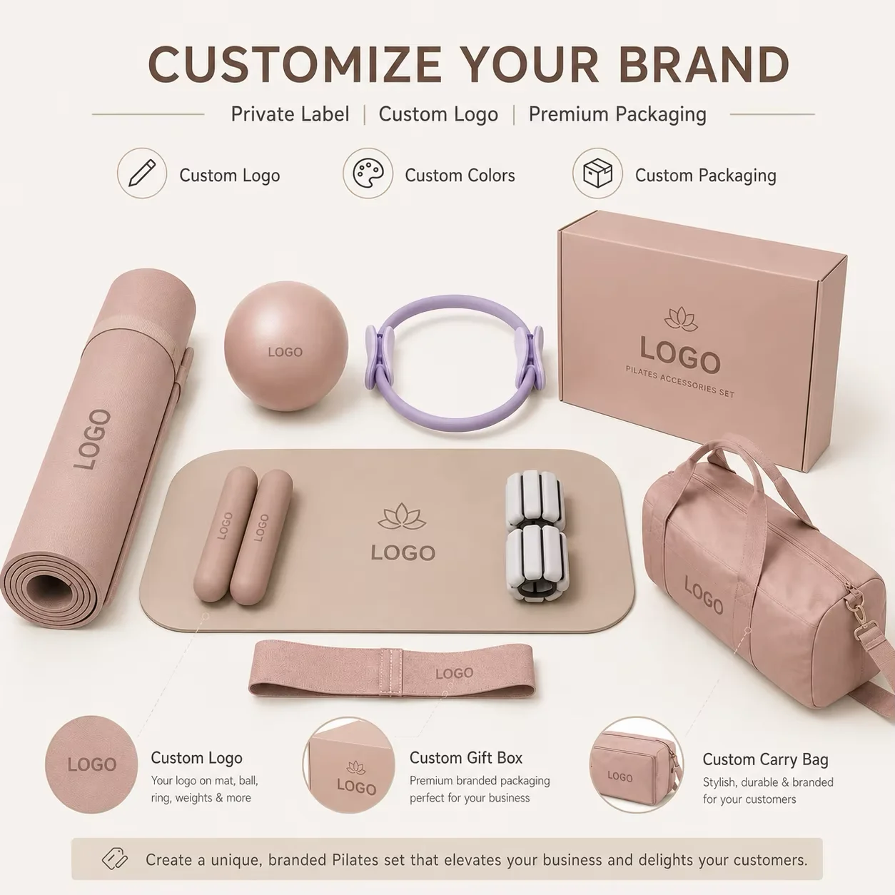 Custom Color Pilates Accessory Series with Yoga Mat, Dumbbell, Ball, Resistance Band and Ankle Weight Options