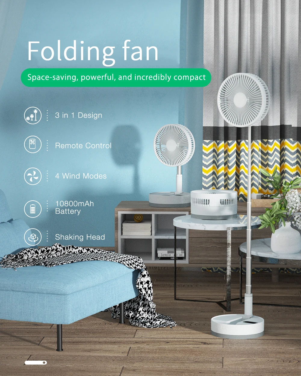 Modern Standing Table Fan Portable 180 Foldable Rechargeable Metal