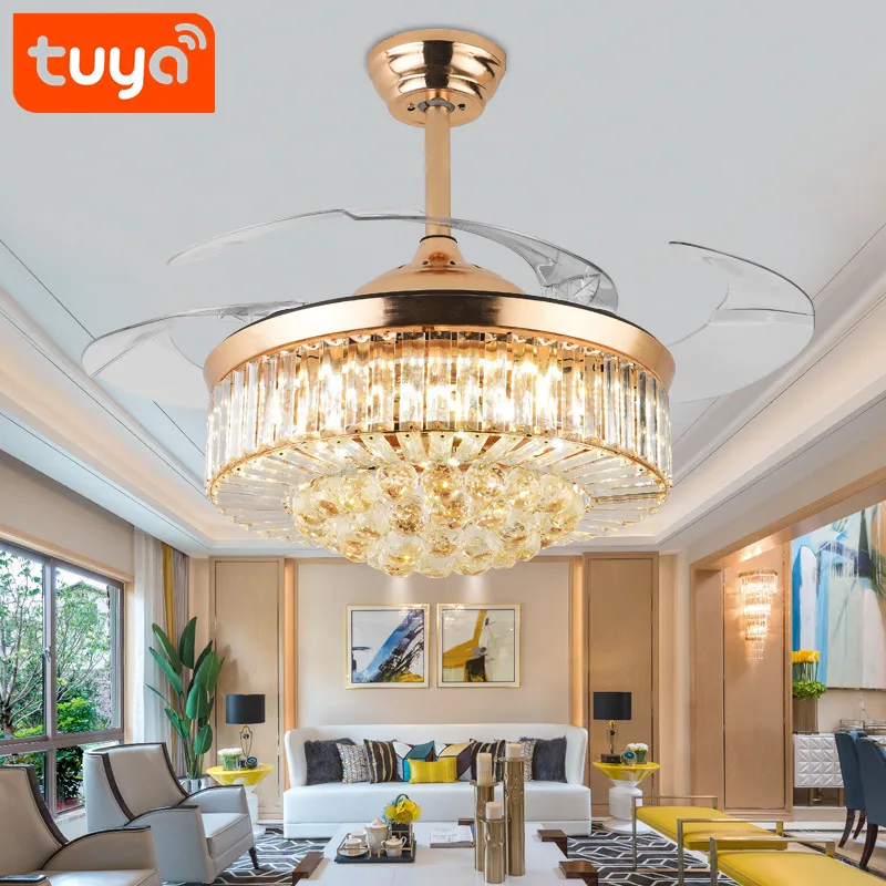 product 42 inch living room fan lamp alexa google home tuya intelligent voice control led three color variable light dc motor gold-0
