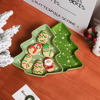 Wholesale Decorative Household Snack Tray Christmas Tree Shape Ceramic Snack Plate