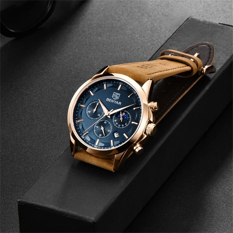 Benyar by BY-5160 Brand Men's Watch Quartz Movement High Quality Leather  Band Date 30M Waterproof Fashion Sports Watches 2022 - Main Image