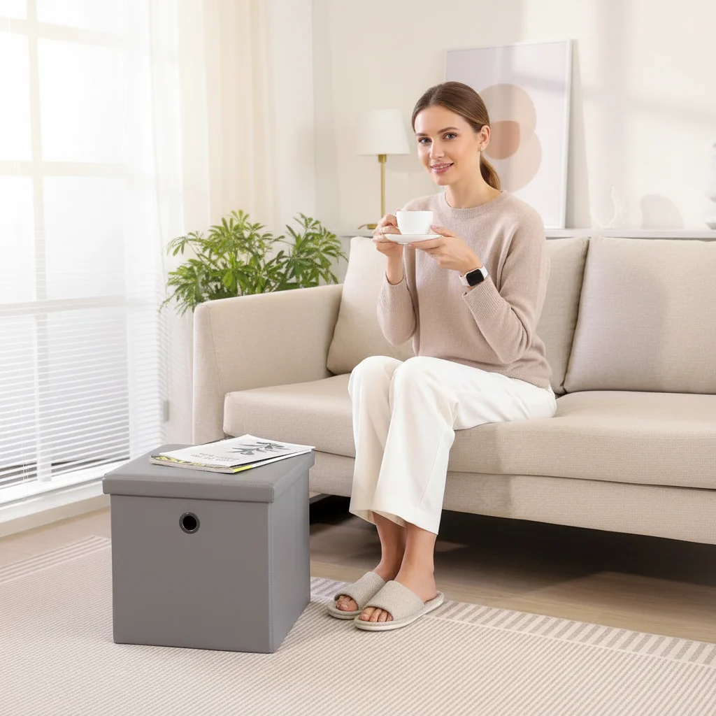 HStex Modern Foldable Fabric Storage Stool With Space Saving Design for Bedroom and Living Room