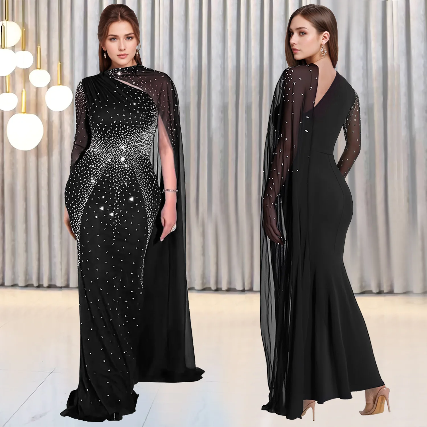 Round Neck Long Black Evening Dresses for Fat Ladies Beaded Black Evening  Dress Plus Size Tall Women Evening Dress