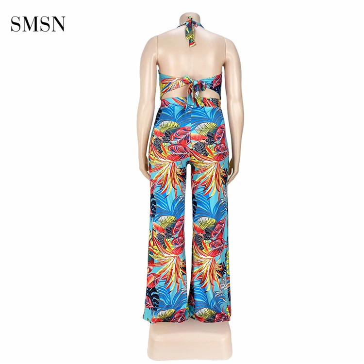 SMSN OSINA New Trendy Tropical Print Backless Halter Jumpsuit Pants Wide Leg Summer Plus Size Women Jumpsuits And Rompers