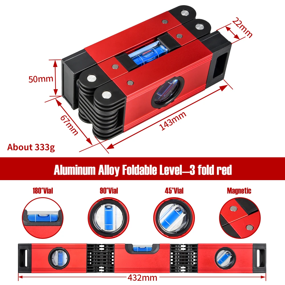 3 Sections Measuring Folding Magnetic Level with 4 Easy-Read Level ...