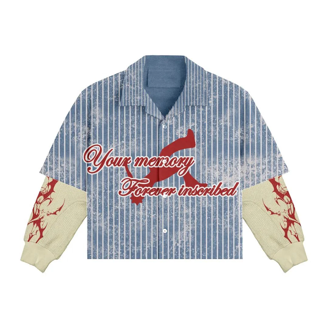 Salati Vintage Stand Collar Stripe Printed Button Boxy Cropped Oversized Full Acid Wash Double Layer Long Sleeve Men's T-shirts gallery 6