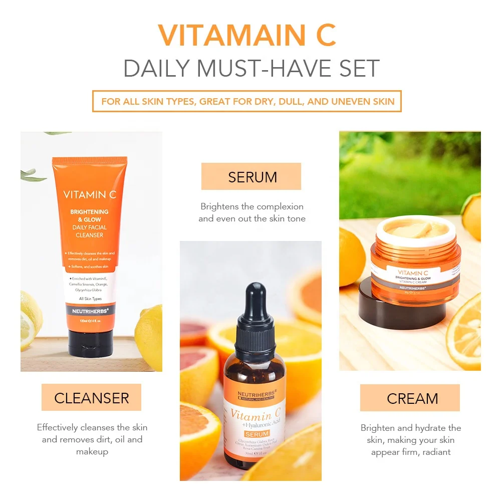 Private Label Korean Organic Whitening Face Vitamin C Set Products Skin Care Serum