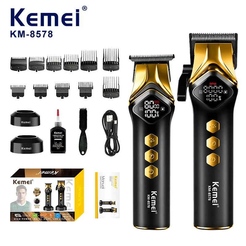 Kit classique de tondeuse pour salon KEMEI KM-8578, ensemble 2-en-1, 8000 tr/min, réglage multi-vitesses, batterie de 2000 mAh, station de charge, appareil tondeuse pour cheveux, lot combiné