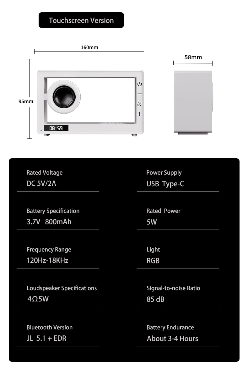 Factory Directly Supply DC5V 800mAh Classic Model Transparent Wireless Bluetooth Speaker with LED clock Display TF Card Playback