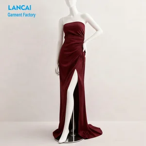 Women Clothing Vendors Custom Elegant Burgundy Strapless Dress Floor Length Ruched Waist Leg Slit Bustier Dress