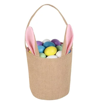 Reusable Collapsible Jute Tote Bags Pink Blue Green White Bunny Ear Decorated Easter Basket