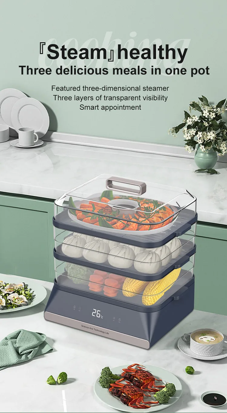 Home Electric Food Steamer Multifunctional Plastic 18l 3 Layers Cooker
