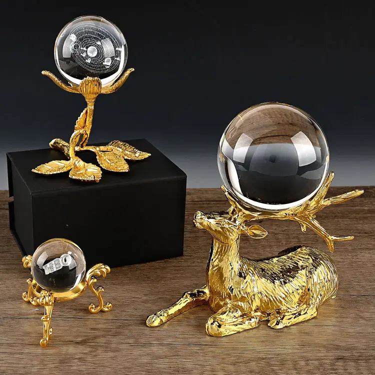 Home decoration 3D laser glass ball metal deer base