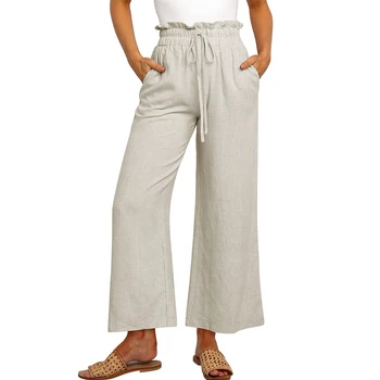 Women Linen Pants Casual Loose High Waist Boho Wide Leg Cropped Palazzo Beach Pants Summer Outfits 2024 Trendy