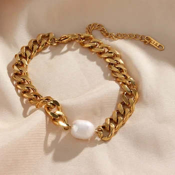 Chunky Natural Freshwater Pearl Cuban Chain Punk Bracelet Lady Gold Plated Stainless Steel Bracelets