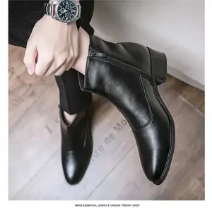 Italian Design Mens Ankle Winter Boots Slip on Business Office Autumn Quality Leather Boots for Men