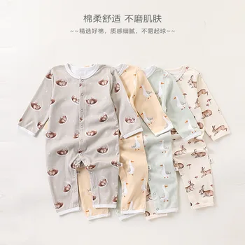 Spring Outing Clothes Pure Cotton Baby Jumpsuits Long-Sleeved Rompers for Boys and Girls with Button Closure Printed Pattern