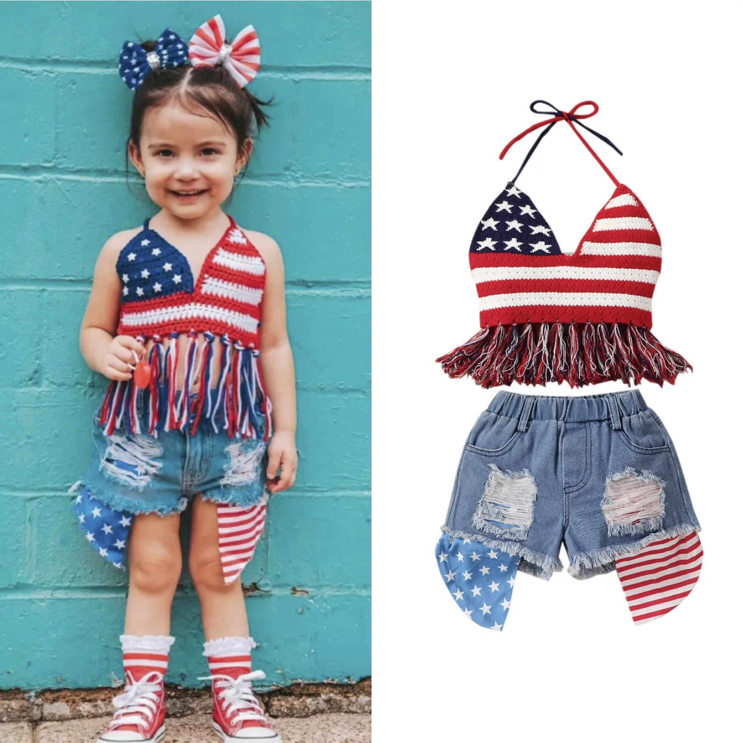 2024 de julio, traje para niños pequeños y niñas, bandera americana,  punto de ganchillo, Top Halter con cuello corto, pantalones vaqueros  rasgados,
