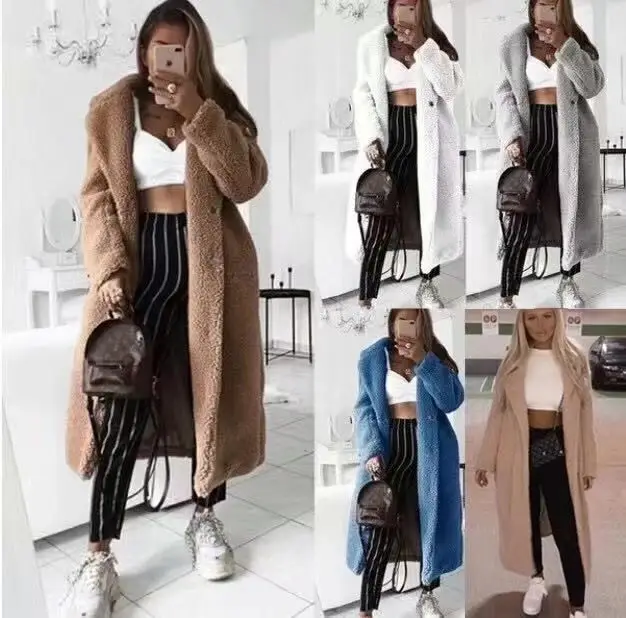 Wish Ebay Winter Hot Selling Long Overcoat Khaki Plus Size Sherpa Coat for Ladies