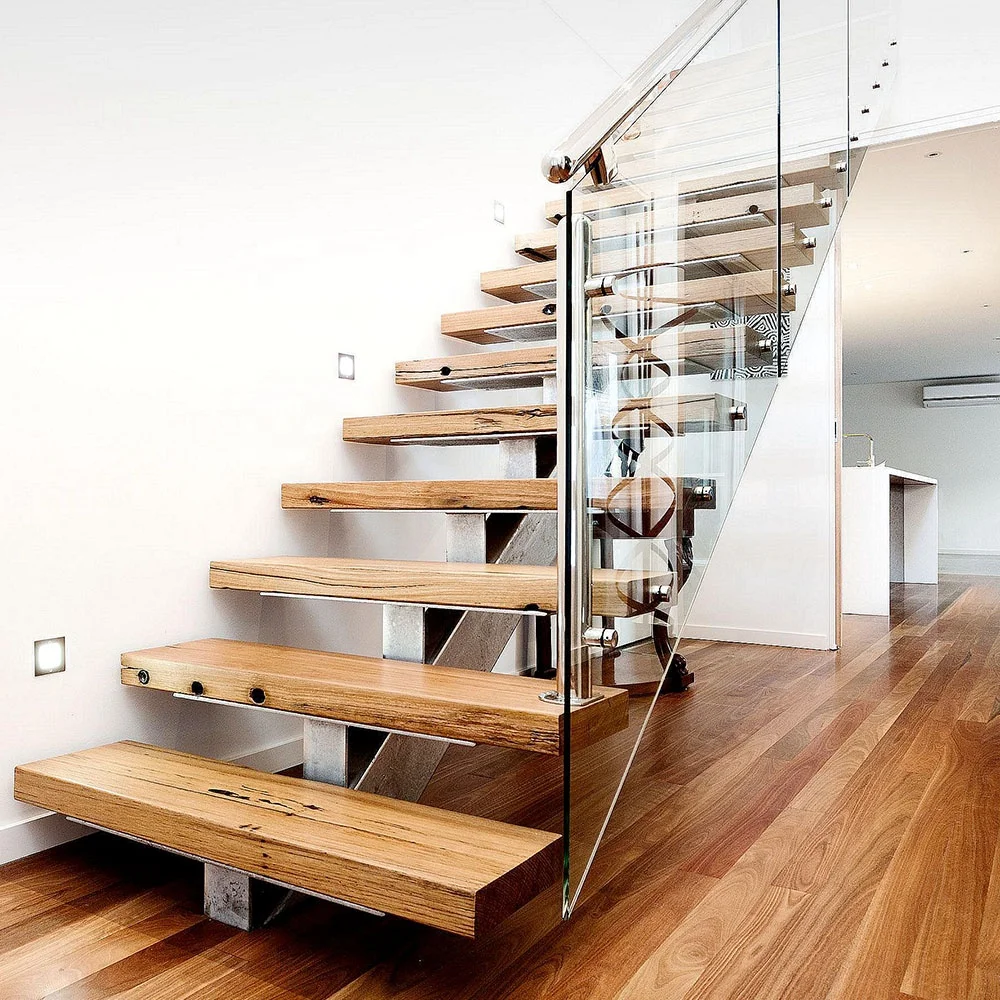 VIKO Modern Mild Steel Mono Stringer Stairs Solid Wood Tread Staircase