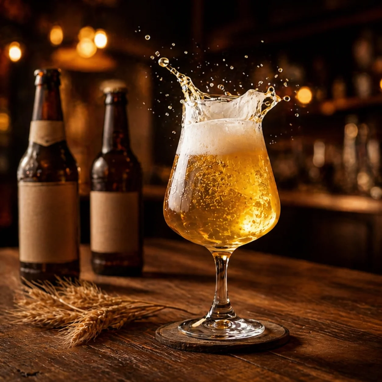 Stemmed tulip-shaped beer glass shown with beer